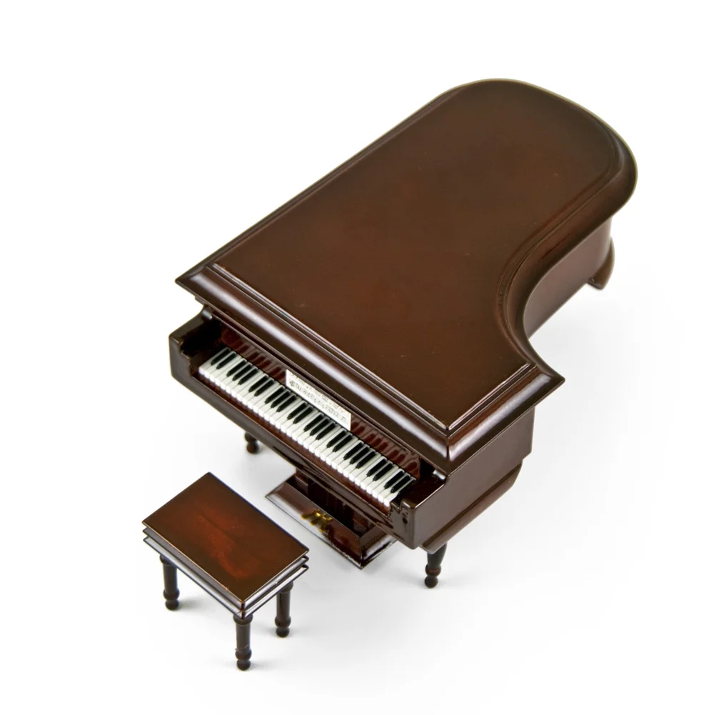 Sophisticated 18 Note Miniature Musical Hi-Gloss Brown Grand Piano with Bench - Jack and Jill