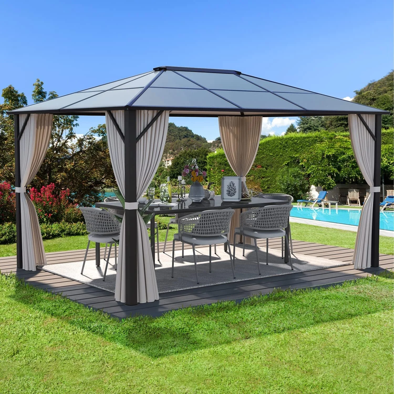 EROMMY Outdoor Double Roof Permanent Hardtop Gazebo Pergola with Prime Netting and Curtains Single Roof 10'x12'