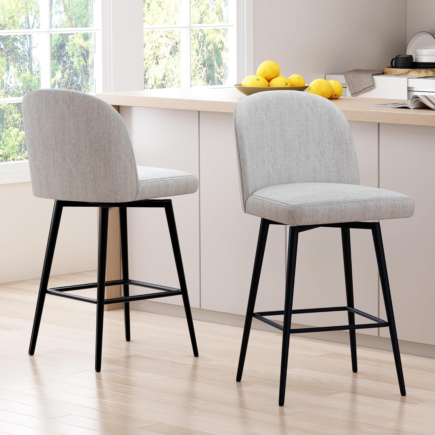 QCAI Counter Height Bar Stools Set of 2, 26 Inch Upholstered Swivel Barstools with Back and Metal Legs, Linen Fabric Counter Stools for Kitchen Island, Dining Room, Pub
