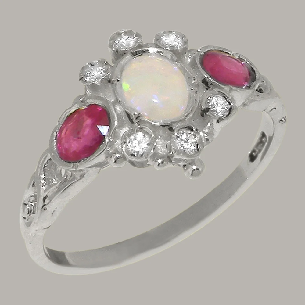 LBG English Made 9k White Gold Natural Opal Ruby Diamond Womens Anniversary Ring - Size 4.75