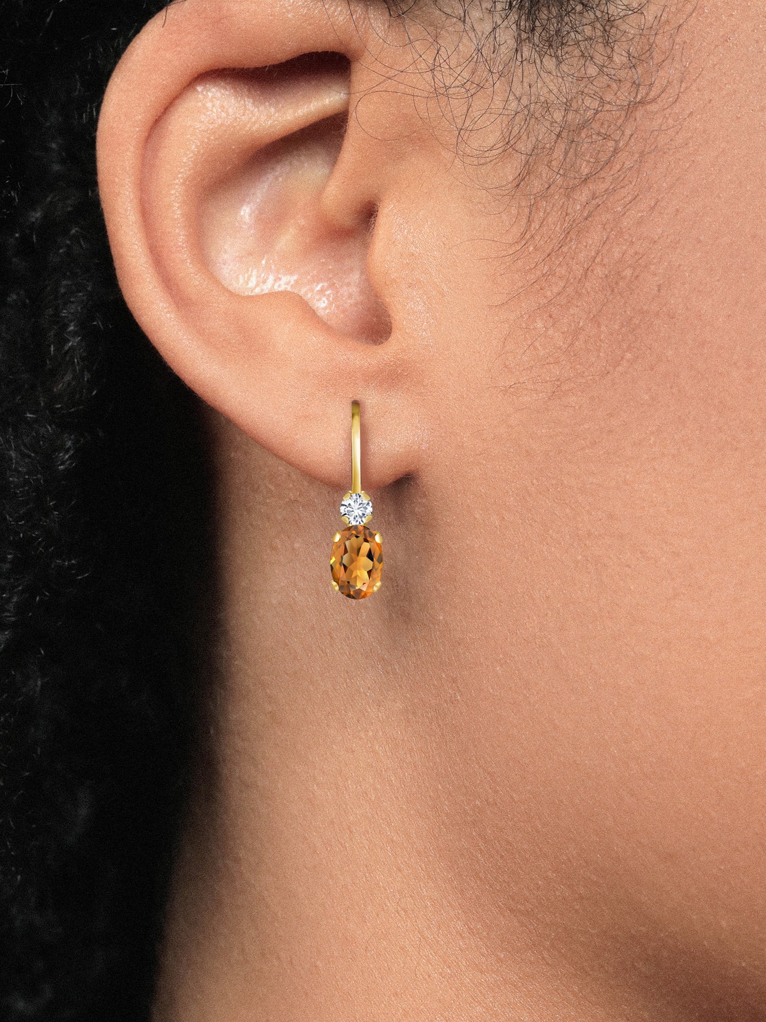 Gem Stone King 14K Yellow Gold Orange Red Madeira Citrine and White Diamond Leverback Earrings For Women | 0.87 Cttw | Gemstone November Birthstone | Oval 6X4MM, Round 2MM | 3/4 inch