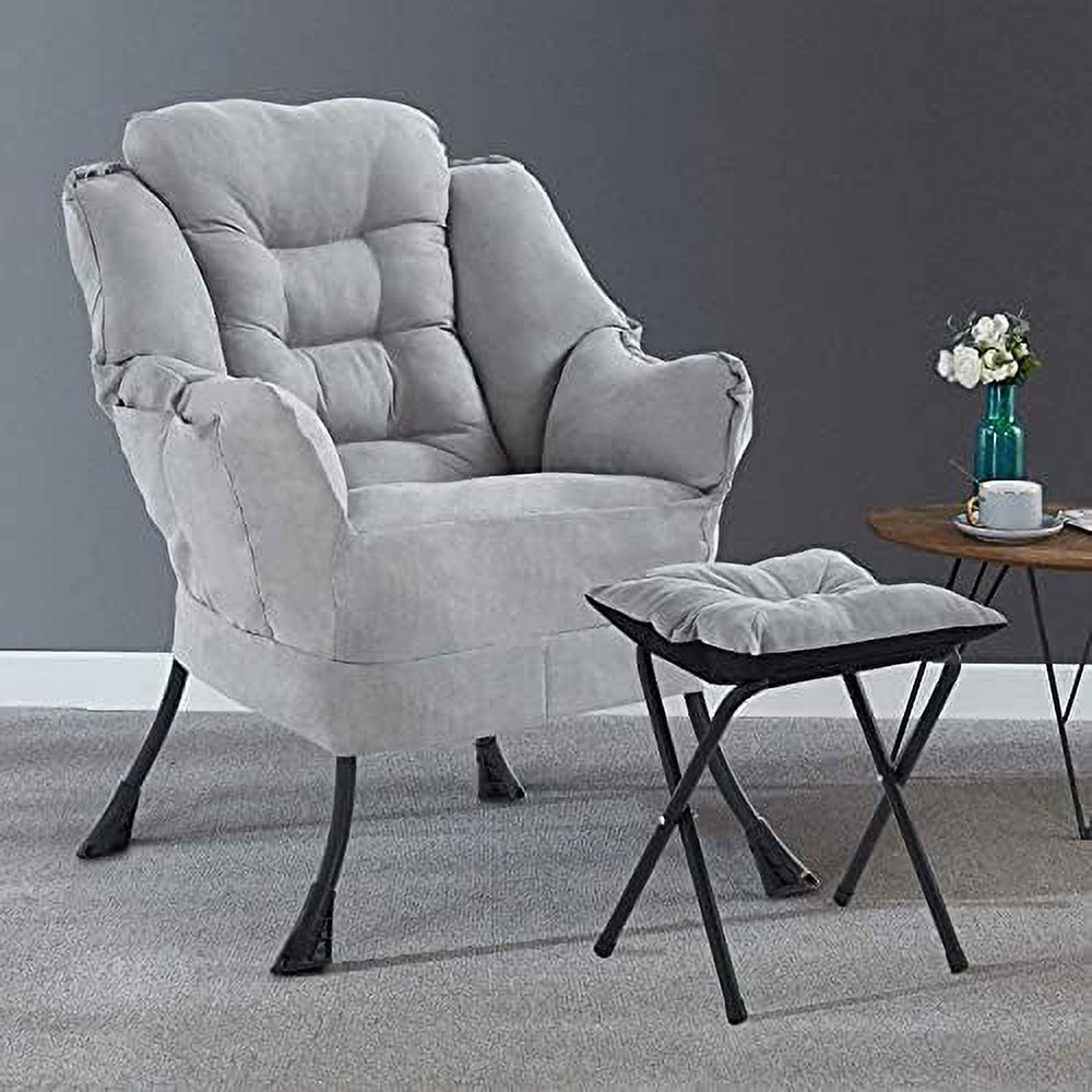 KHBIULIFE Modern Lazy Chair Single Sofa with Bench  Comfy Armchair Soft Lounge Accent Chair with Footstool/Side Pockets/Thick Cushion for Living Room  Bedroom  Office (Beige)