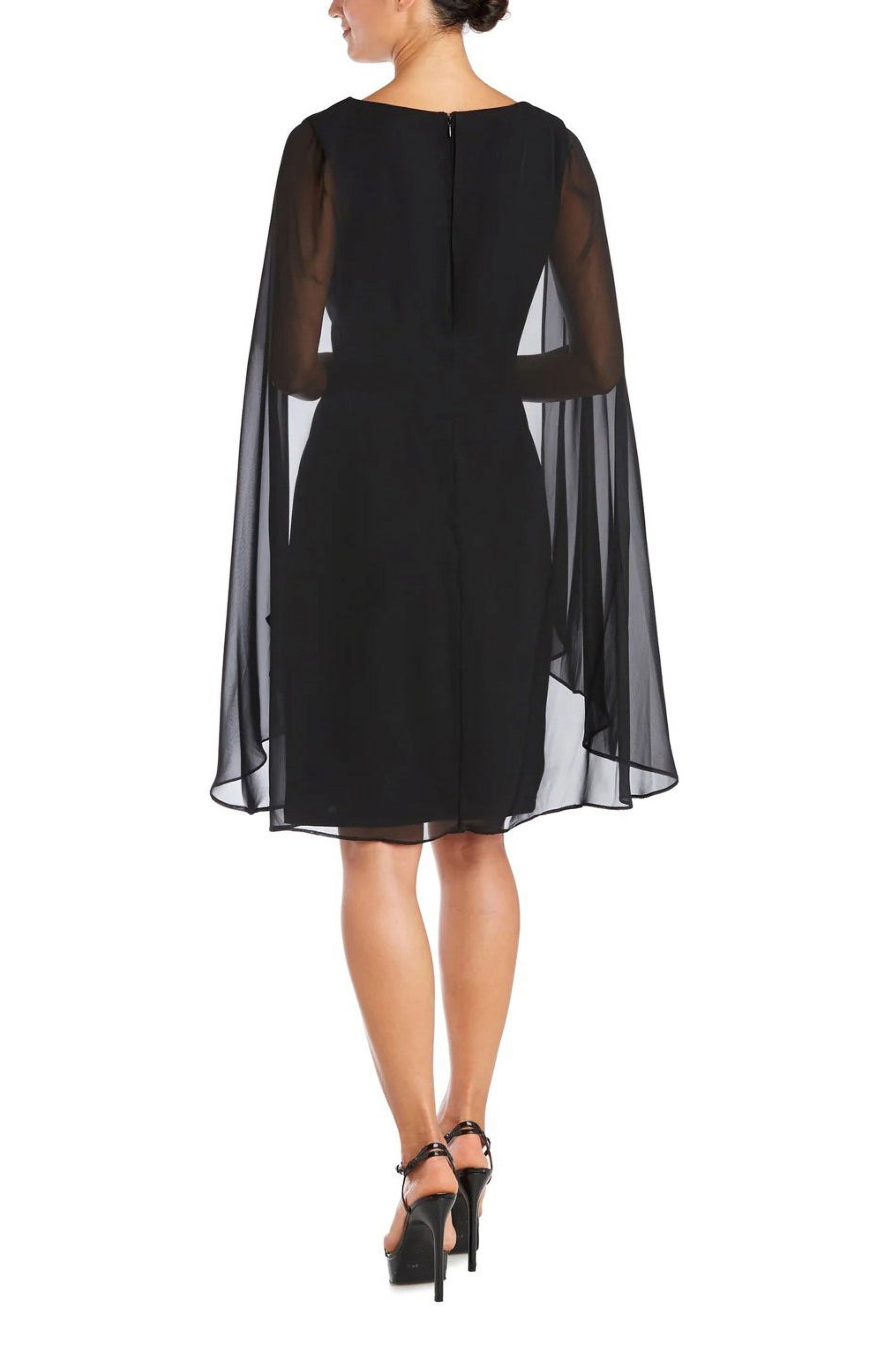 R&M RICHARDS Womens Black Stretch Zippered Embellished Chiffon Cape Gathered Sleeveless Surplice Neckline Above The Knee Evening Sheath Dress 14