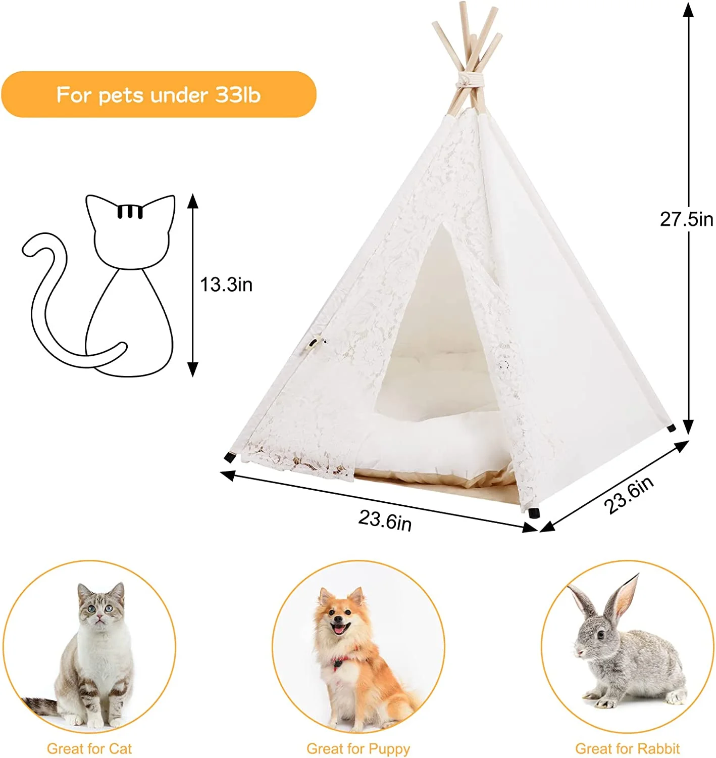 Pet Teepee Tent Dog Cat House with Luxury Cushion for Medium Large Pet Indoor Washable Lace L 3.08 lb