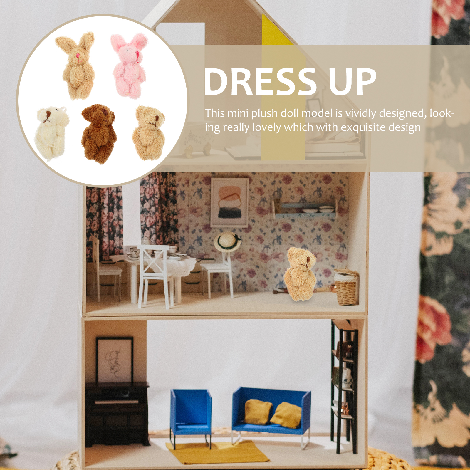 5pcs Miniature Plush Doll Decoration Doll House Miniature Bear Rabbit Doll Scene Prop
