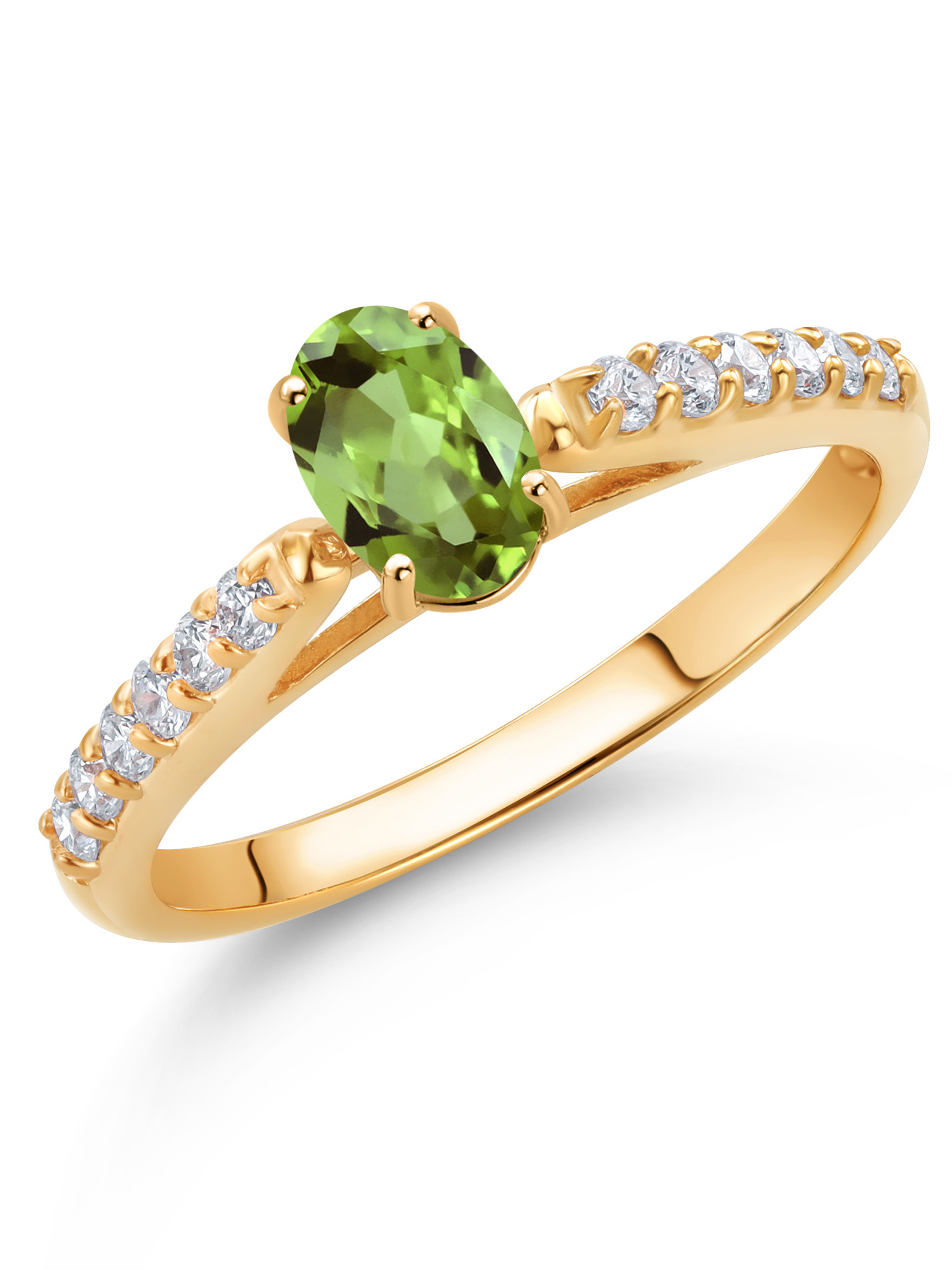 Gem Stone King 10K Yellow Gold Green Peridot and White Lab Grown Diamond Engagement Ring For Women (0.68 Cttw, Oval 6X4MM, Gemstone August Birthstone, Available In Size 5, 6, 7, 8, 9)