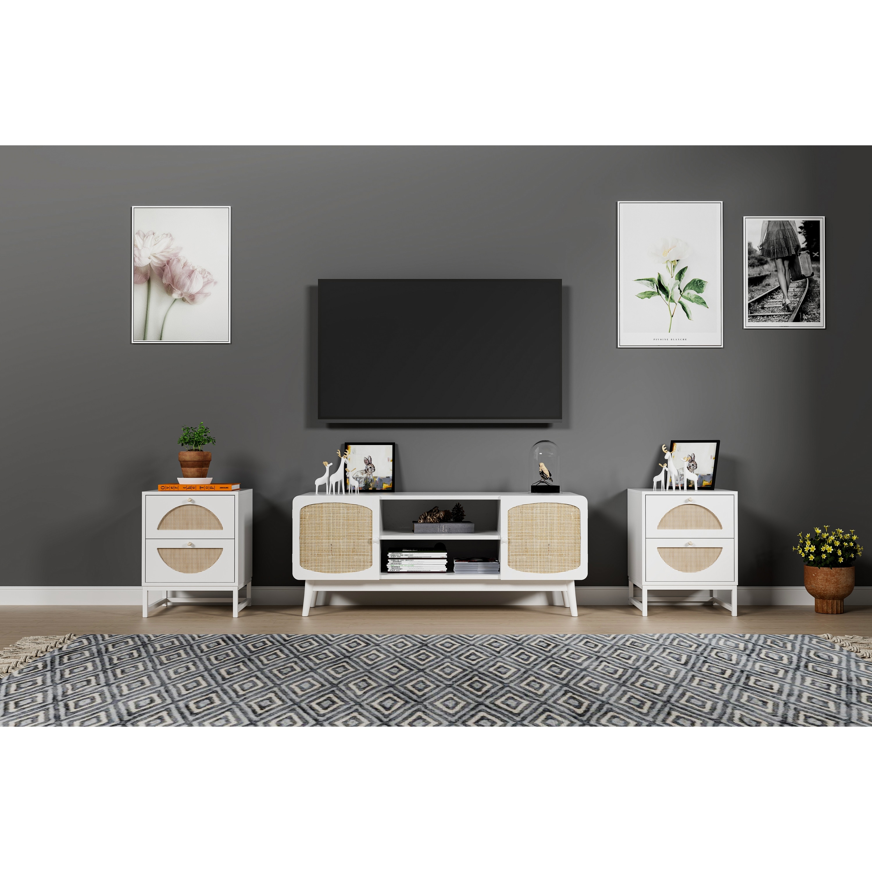 Nightstand Set of 2, Rattan Semicircular Pattern Drawer Display Rack for Bedroom Metal Base Sofa Side Table, Walnut