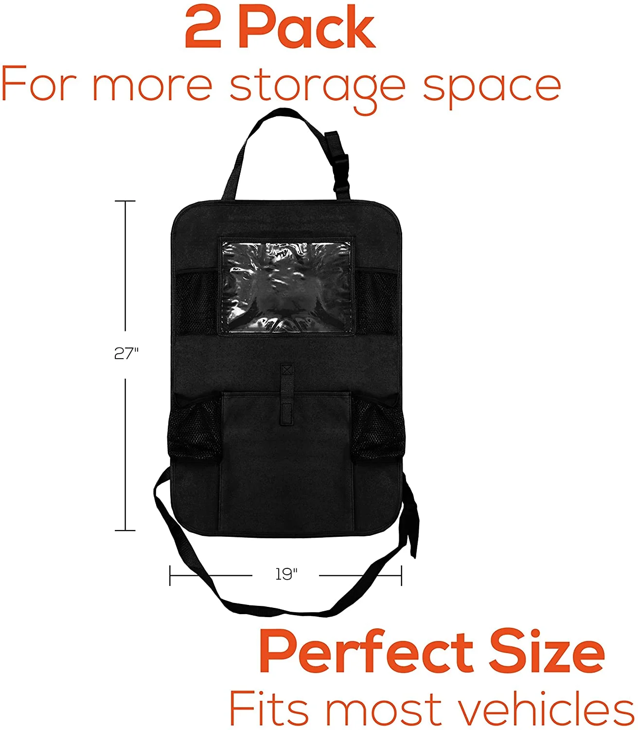 Trobo Back Seat Organizers And Storage, 2 Pack X-Large Multifunctional Backseat Car Organizer + iPad And Tablet Holder For Kids, Kick Mats Back Seat Protector With 5 Pockets, Travel Accessories, Black