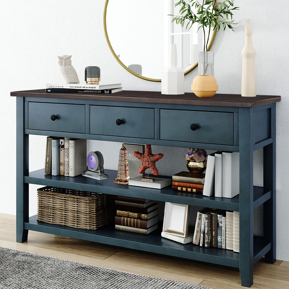 KAMIDA Storage Console Table, Modern Console Table with 3 Drawers and 2 Shelves, Rectangular Buffet Sideboard, Wooden Storage Table, Distressed Console Table for Kitchen Living Room Entryway, Navy