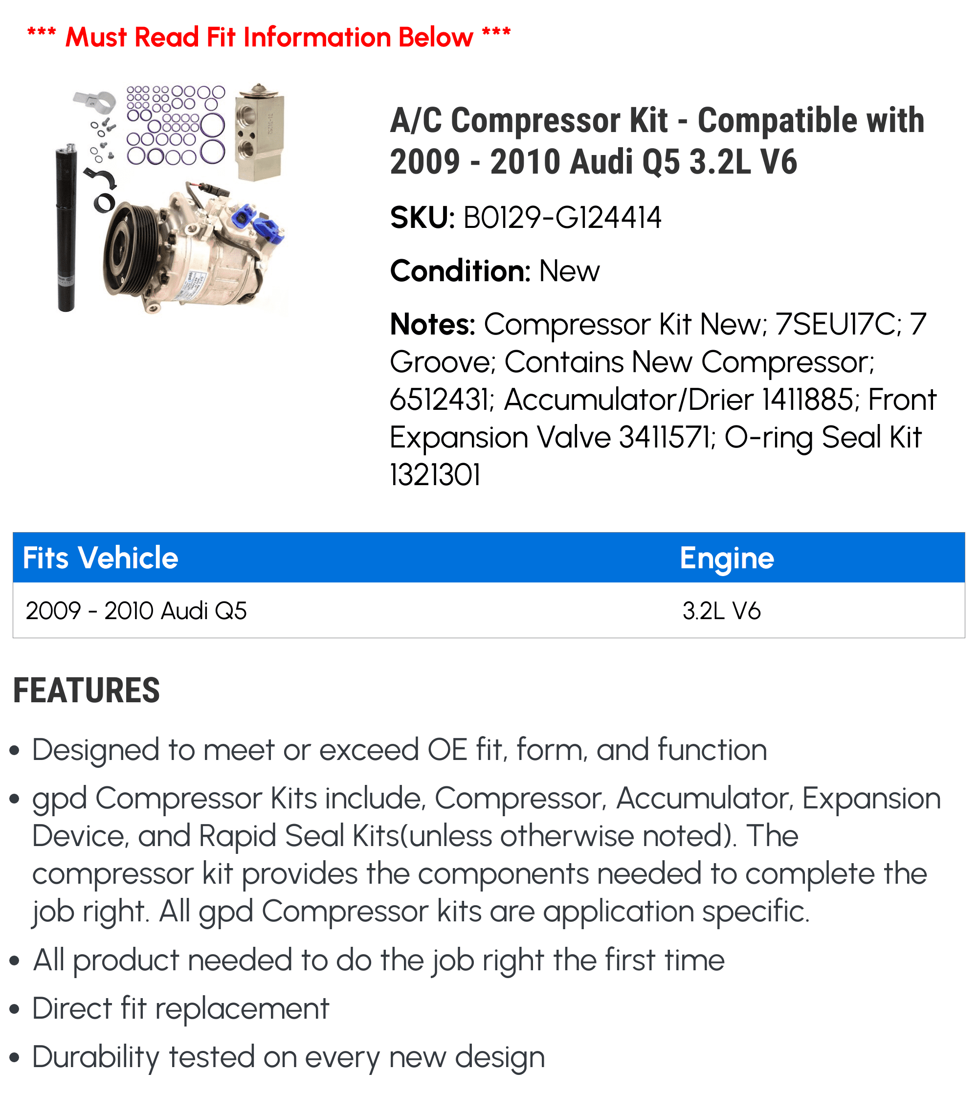 A/C Compressor Kit - Compatible with 2009 - 2010 Audi Q5 3.2L V6