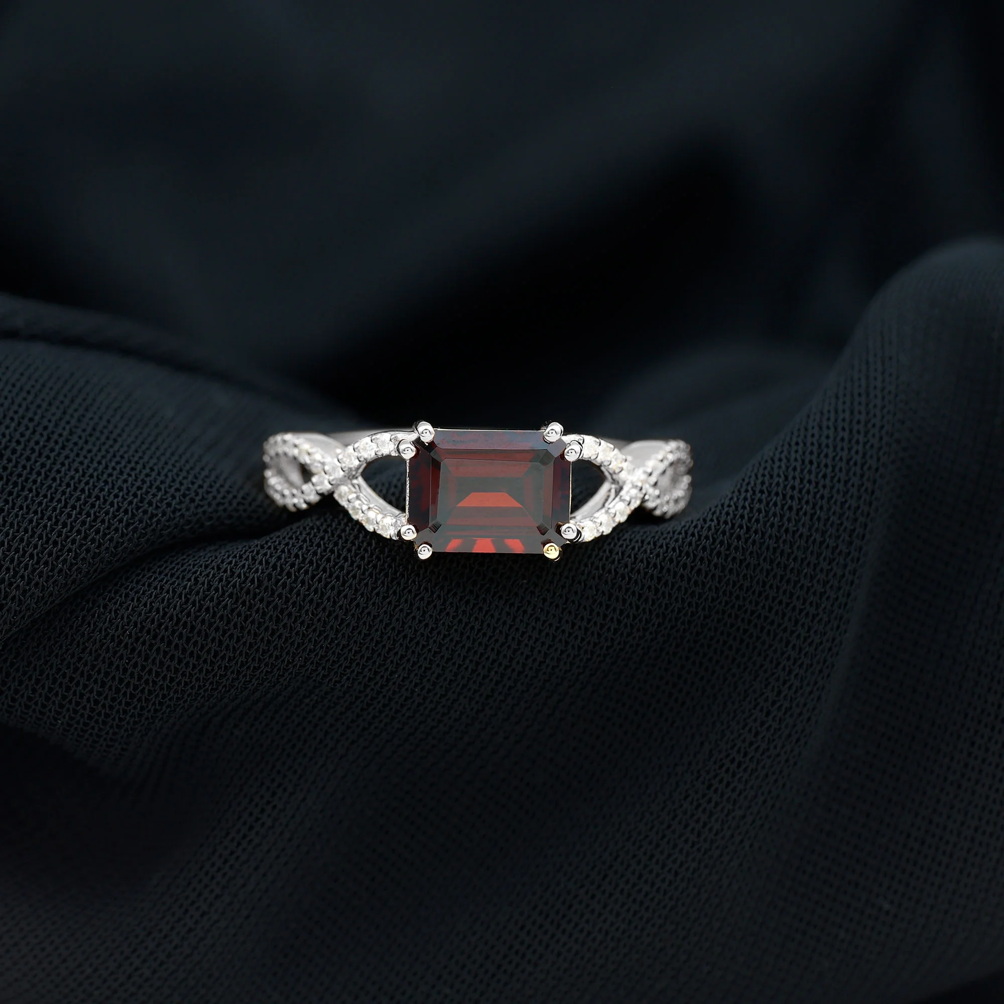 Emerald Cut Garnet Solitaire Ring with Diamond for Women, Crossover Ring, 14K White Gold, US 12.00