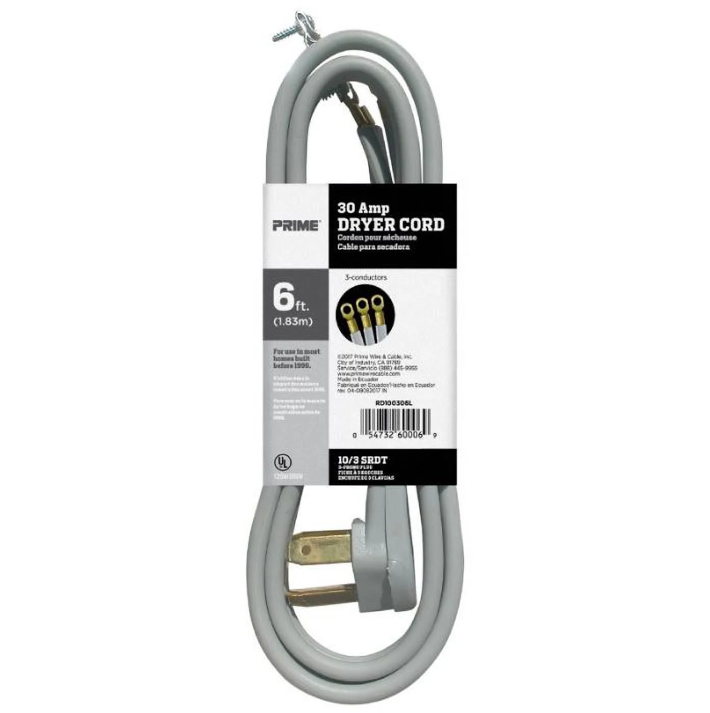 6 Feet 10/3 30 Amp Gray 3-Wire Dryer Cord, (4 Pack)