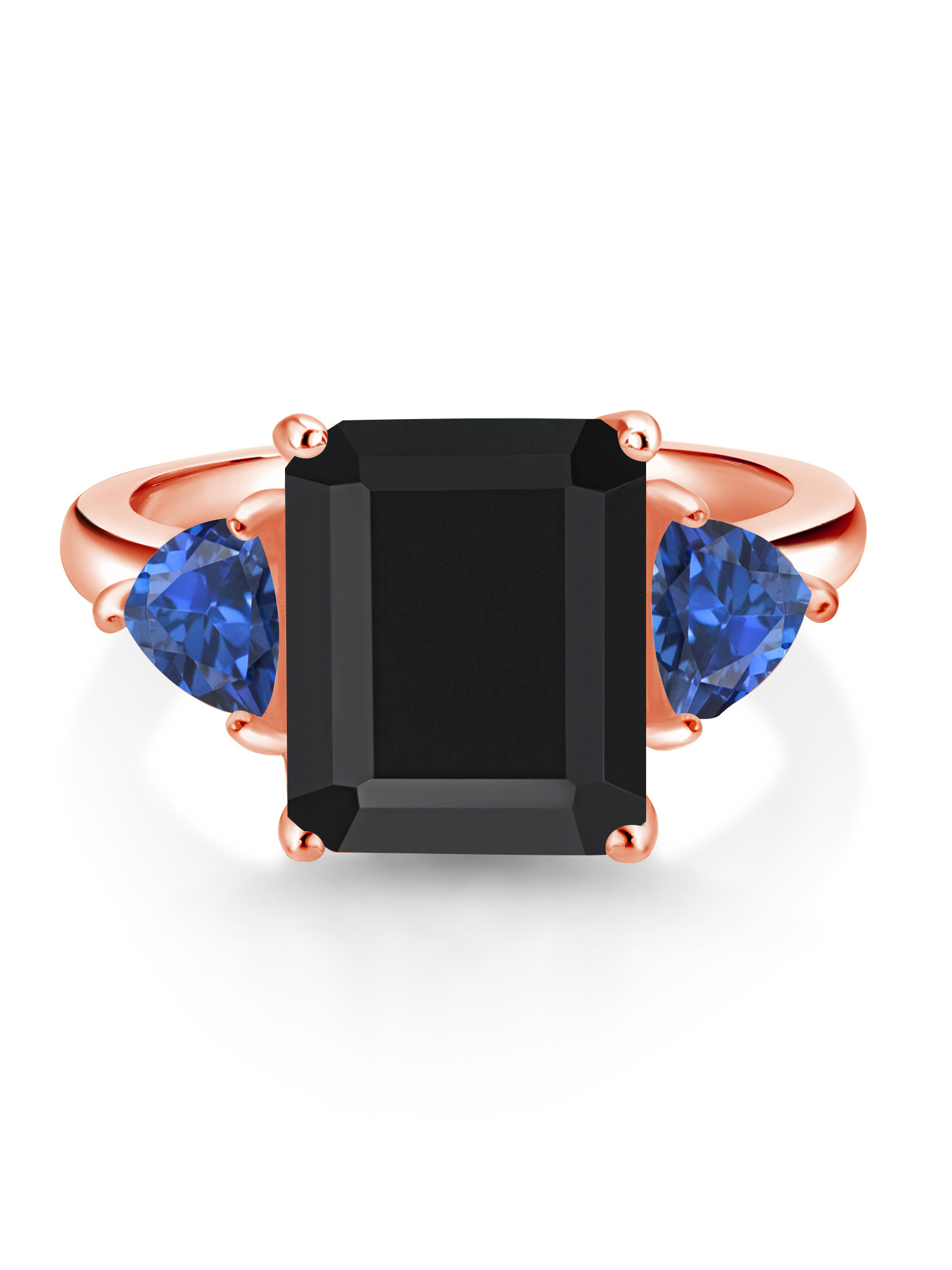 Gem Stone King 18K Rose Gold Plated Silver Black Onyx and Blue Created Sapphire 3 Stone Ring For Women (6.85 Cttw, Octagon 12X10MM, Trillion 5X5MM, Gemstone December Birthstone, Size 5)