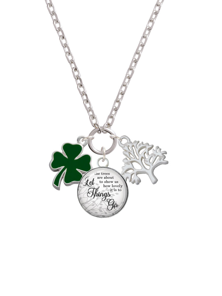 Delight Jewelry Silvertone Two Sided Green Enamel Lucky Four Leaf Clover Let Things Go Fall Zoey Charm Necklace, 28