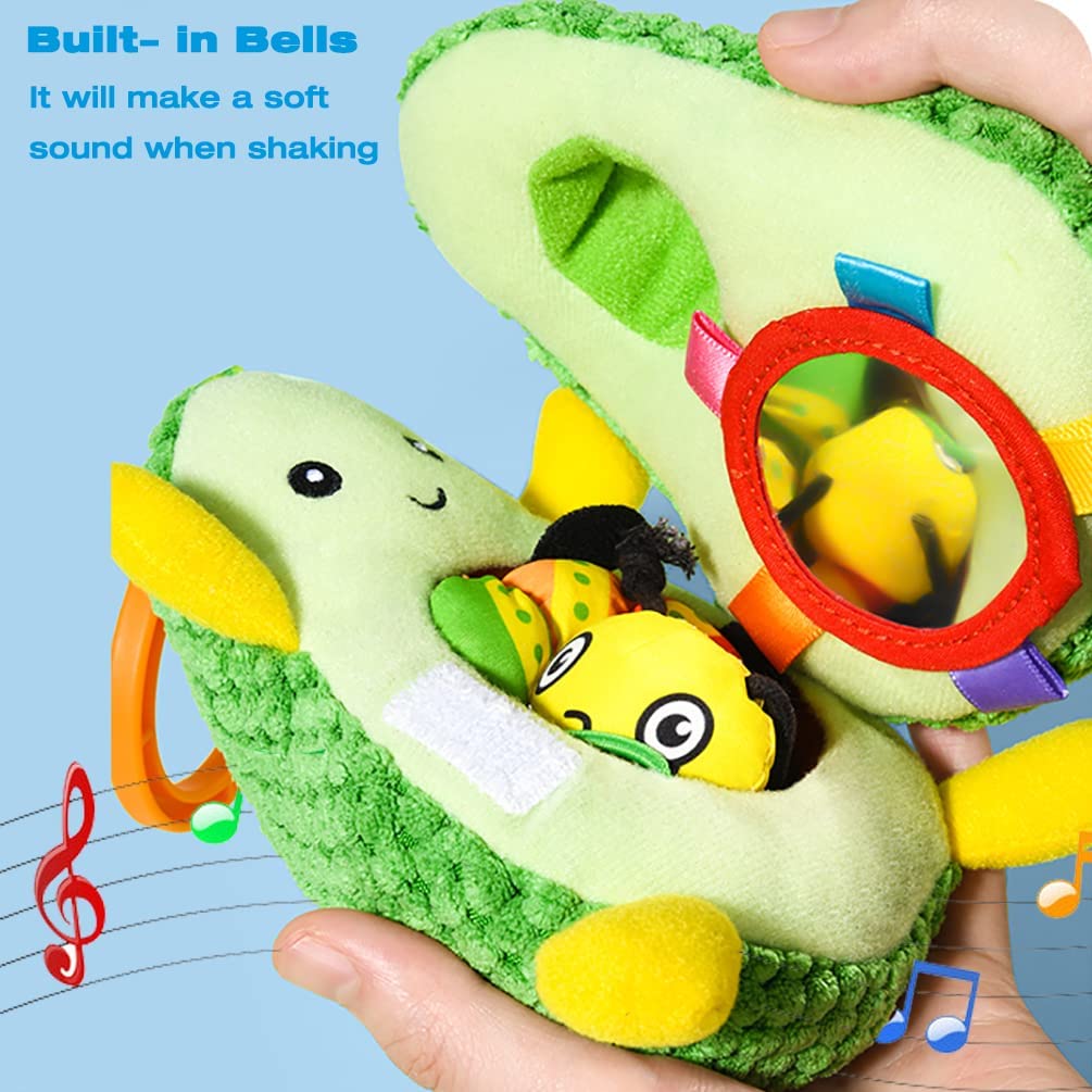 Baby Toys Clip on Stroller Toy for 3 6 to 12 Months, Hanging Rattles Toys with Mirror, Plush Bug Avocado Toy for Infant