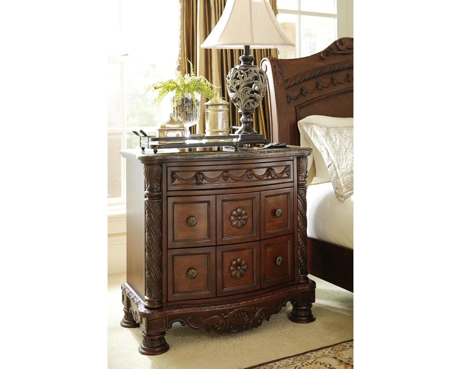Signature Design by Ashley North Shore Ornate 3 Drawer Nightstand with Marble Inlay Top, Dark Brown