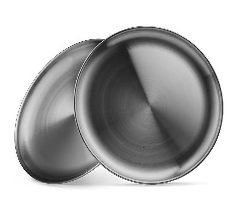 Reusable Brushed Metal 18/8 Dinner Plates- Vintage Quality 304 Stainless Steel Silver Color Heavy Duty Kitchenware Round Metal 9 Inch Plates | Dishwasher Safe | BPA Free| Use for BBQ Steak (2 Pack)