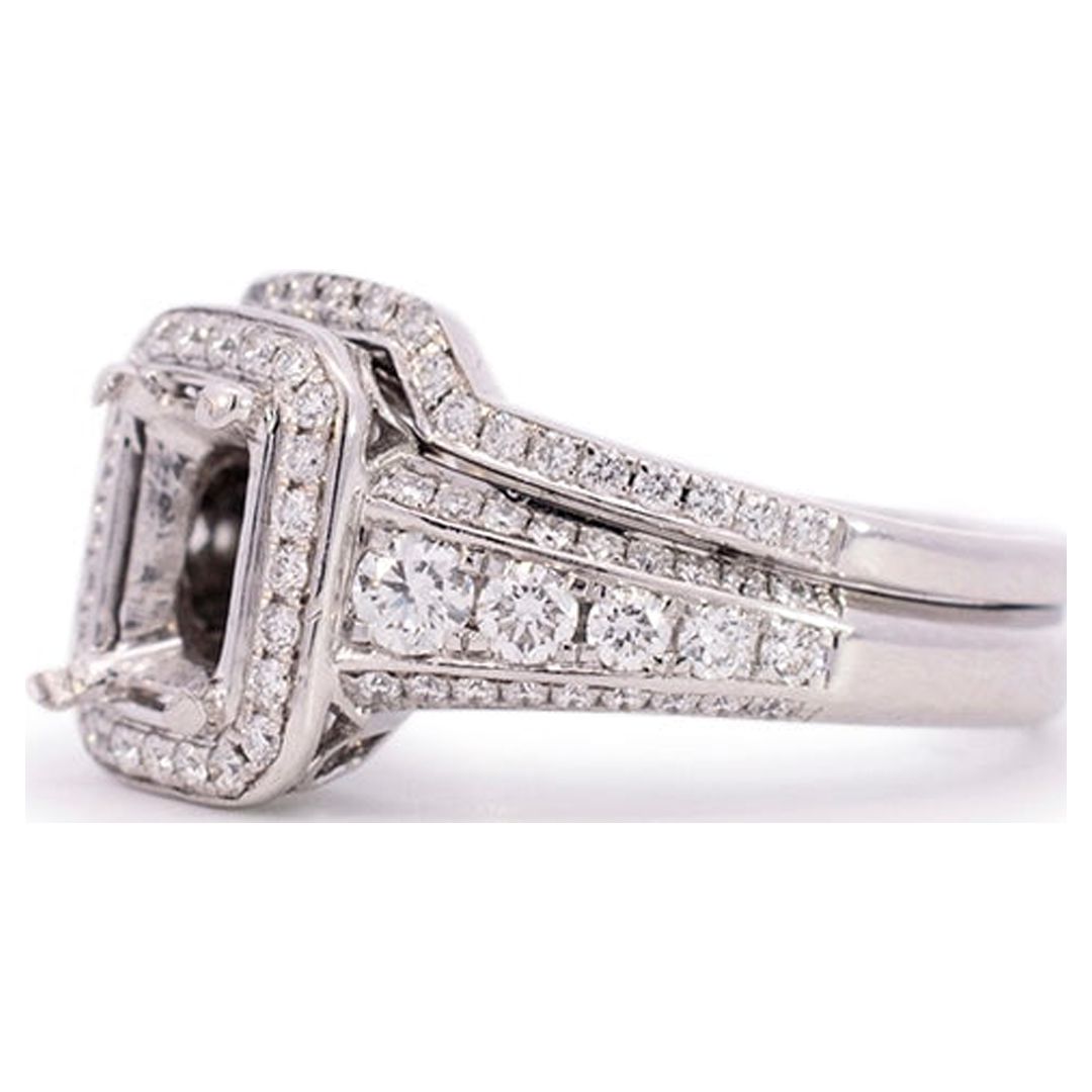Simon G 18K White Gold Rectangle Semi Mount Halo Diamond Engagement Ring
