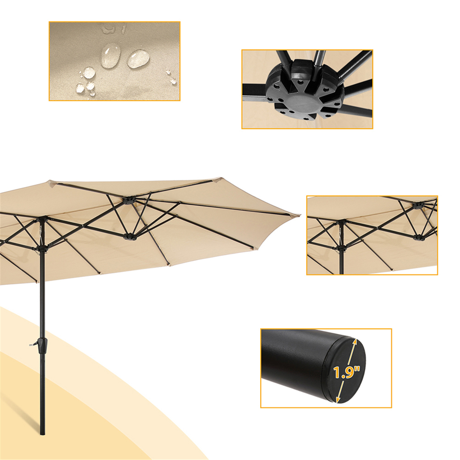 Kepeak 15x9ft Large Double-Sided Rectangular Outdoor Aluminum Twin Patio Market Umbrella w/Crank- tan, No Base Canopy for Gazebo Garden Deck Terrace BBQ Party Sunscreen Shader (Tan)