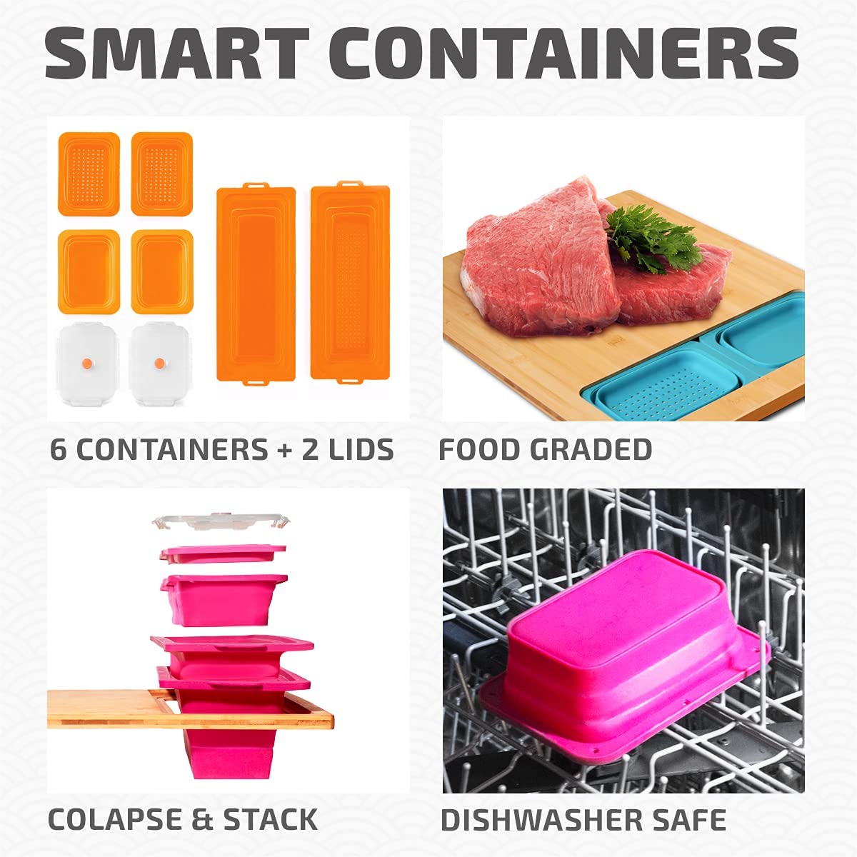 ZENPREP Extra Large Bamboo Cutting Board With Containers (Set Of 9) - Over The Sink Chopping Board With Collapsible Strainers - Meal Prep Station For Meat, Cheese And Vegetable (15x20in)