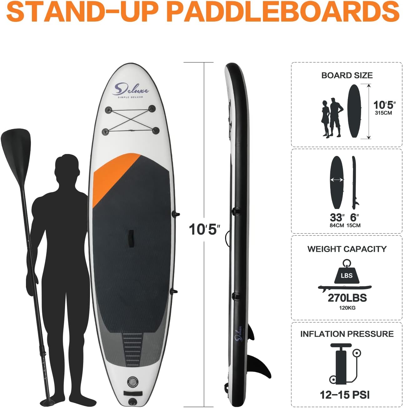 KEHOMY Inflatable Stand Up Paddle Board – Simple Deluxe Premium SUP for All Skill Levels,for Youth & Adults, Blow Up with Accessories & Backpack, Surf Control, Black
