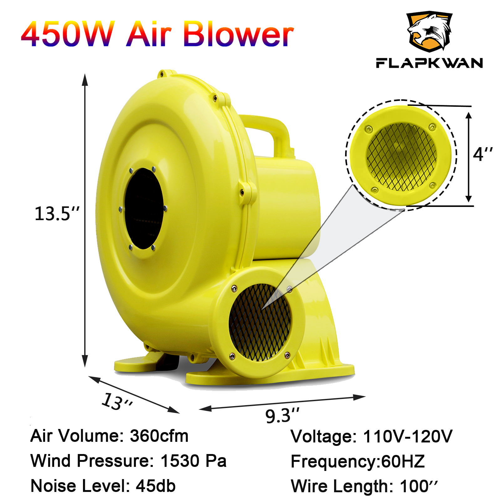 450W/0.6HP Inflatable Bouncer Blower Air Blower for Outdoor Bounce Houses, Water Slides air Sofas, Paint Booth and Other Suitable Outdoor inflatables Electric Air Pump Fan