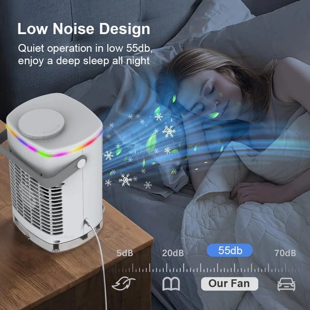 XAEIOW USB Spray Air Conditioner Fan Air Cooler White with 3-speed Adjustable, USB Changing, Low Noise, Water Tank, Colorful Ambient Light, Rapid Cooling for Bedroom, Office, Room-Gray.