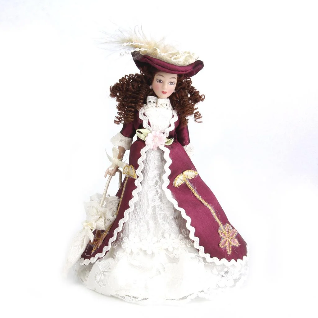 1:12 Scale Dollhouse Miniature People, Dolls Family Member Figures - Porcelain Women with Brown Curly Hair, in Elegant Dress and Hat