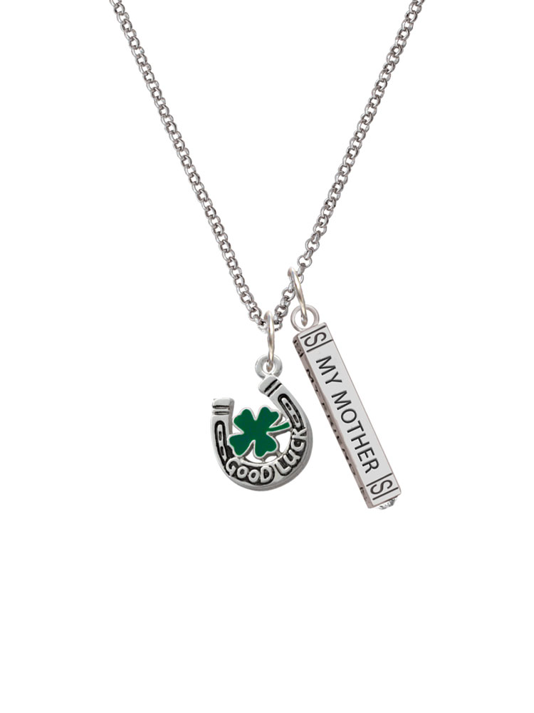 Delight Jewelry Silvertone Good Luck Horseshoe with Green Four Leaf Clover Silvertone Always My Mother Bar Charm Necklace, 23