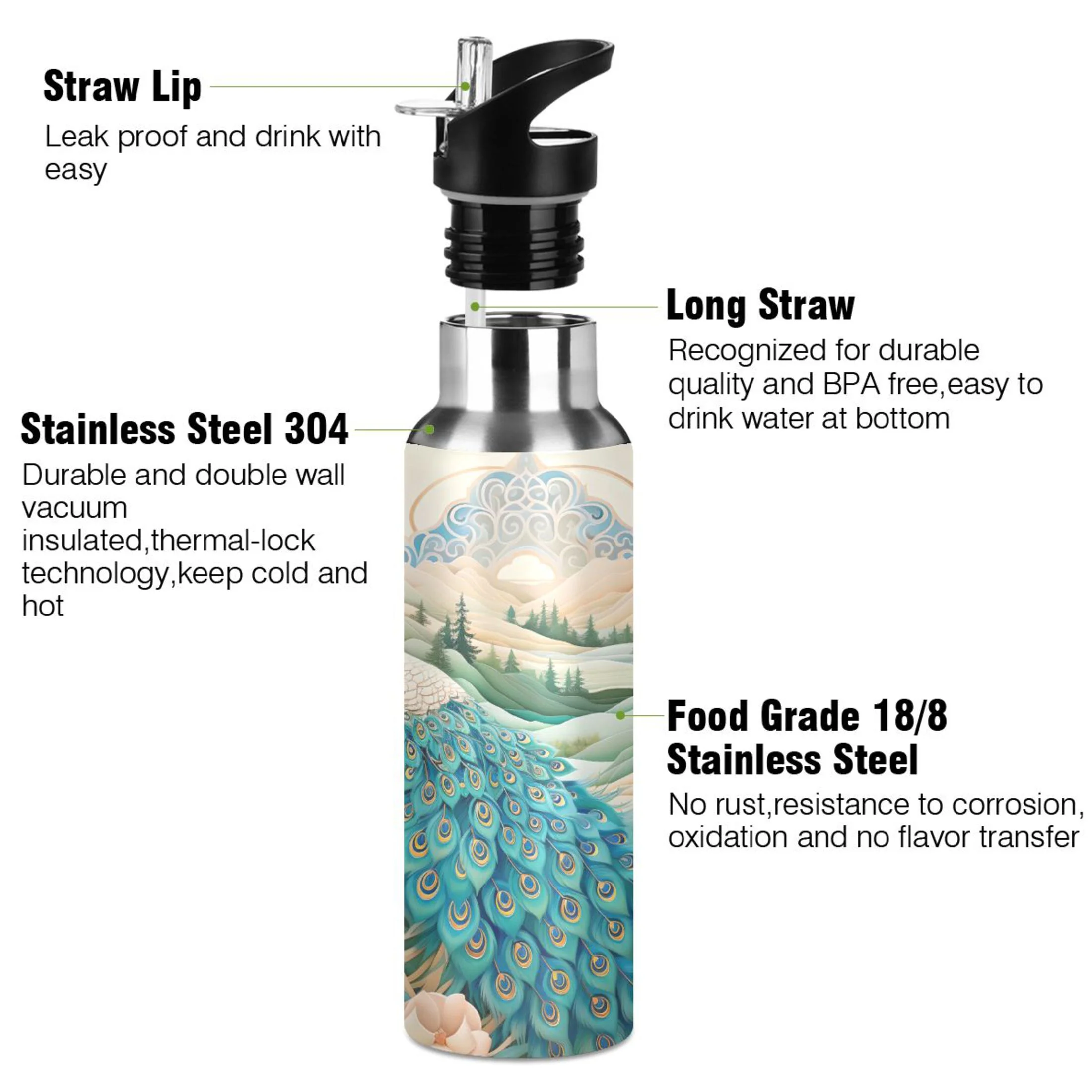 Water Bottle with Straw Lid Leak Peacock and Flowers Stainless Steel Insulated Thermos Vacuum Flask for Cold Hot Drinking for Sports Camping Gym Yoga