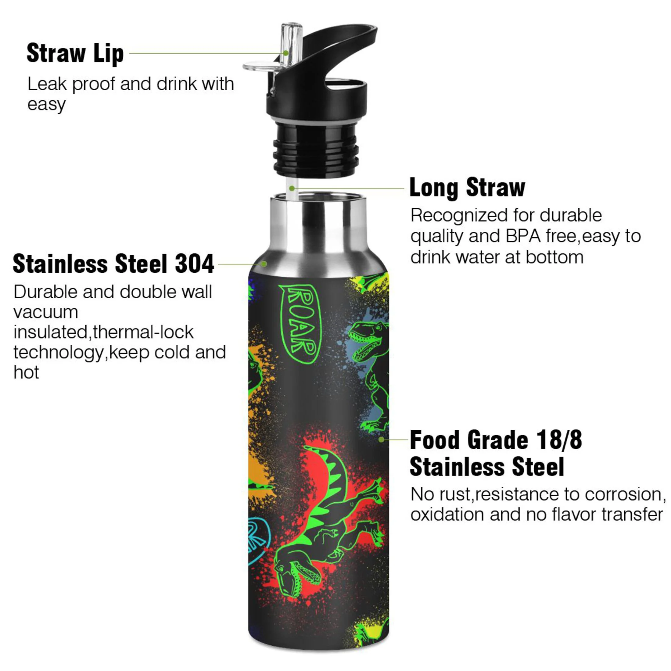 Water Bottle with Straw Lid Leak Dinosaur Colorful Stainless Steel Insulated Thermos Vacuum Flask for Cold Hot Drinking for Sports Camping Gym Yoga