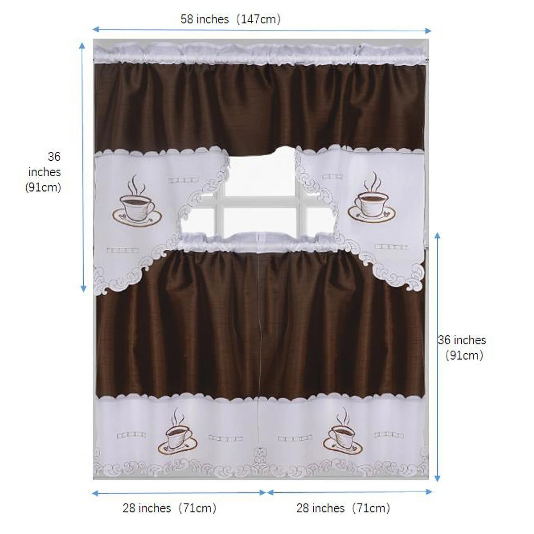 Coffee Embroidered 3-Piece Kitchen Curtain Tiers & Swag Set, Coffee color, 58x36 & 28x36 inches for daily life and holiday