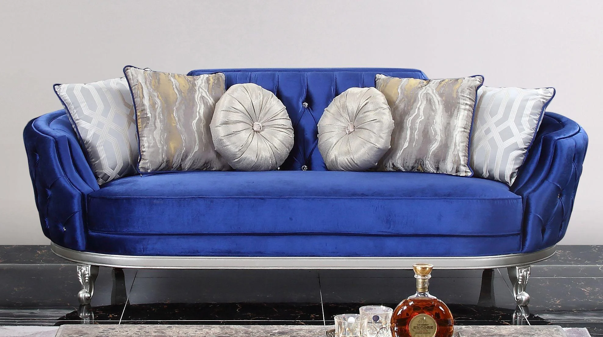 Silver finish Wood Blue Velvet Sofa Set 2Pc Transitional Cosmos Furniture Skylar