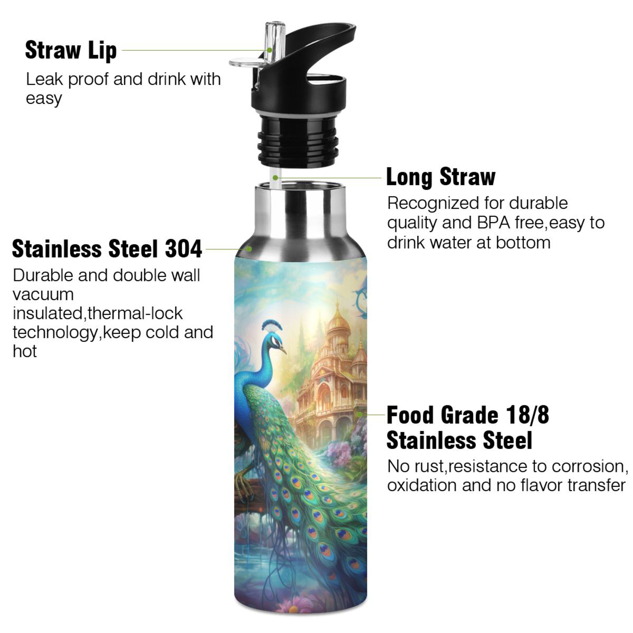 Peacock in Forest Water Bottles Insulated Thermos Kids Stainless Steel Bottle with Straw Lid Flask Leakproof for Sports Gym 20 oz