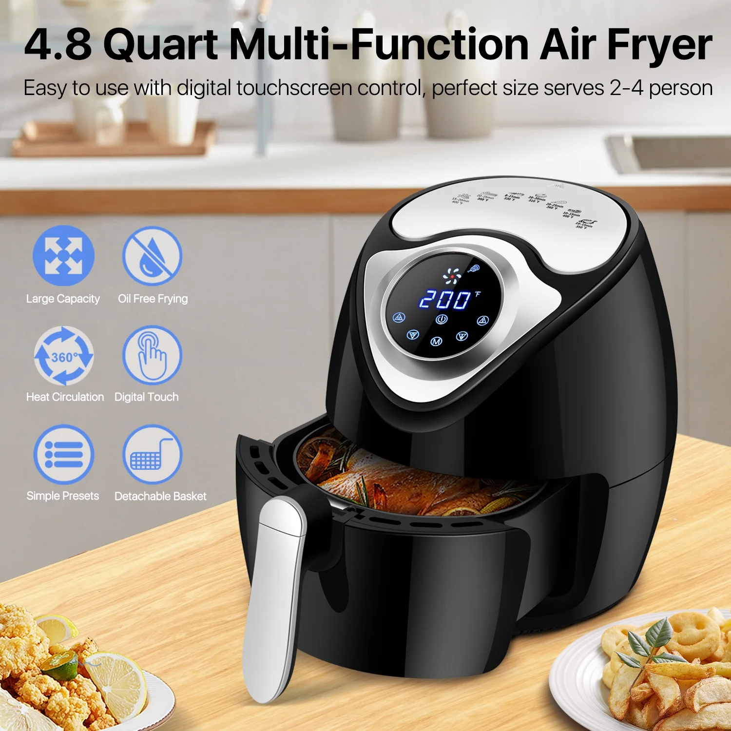 Electric Air Fryer Cooker 1400W, 4.8 Quart (Black) Large Capacity Oil less Low Fat Healthy Diet Hot Air Oven with Adjustable Temperature Time Control, Detachable Fry Basket