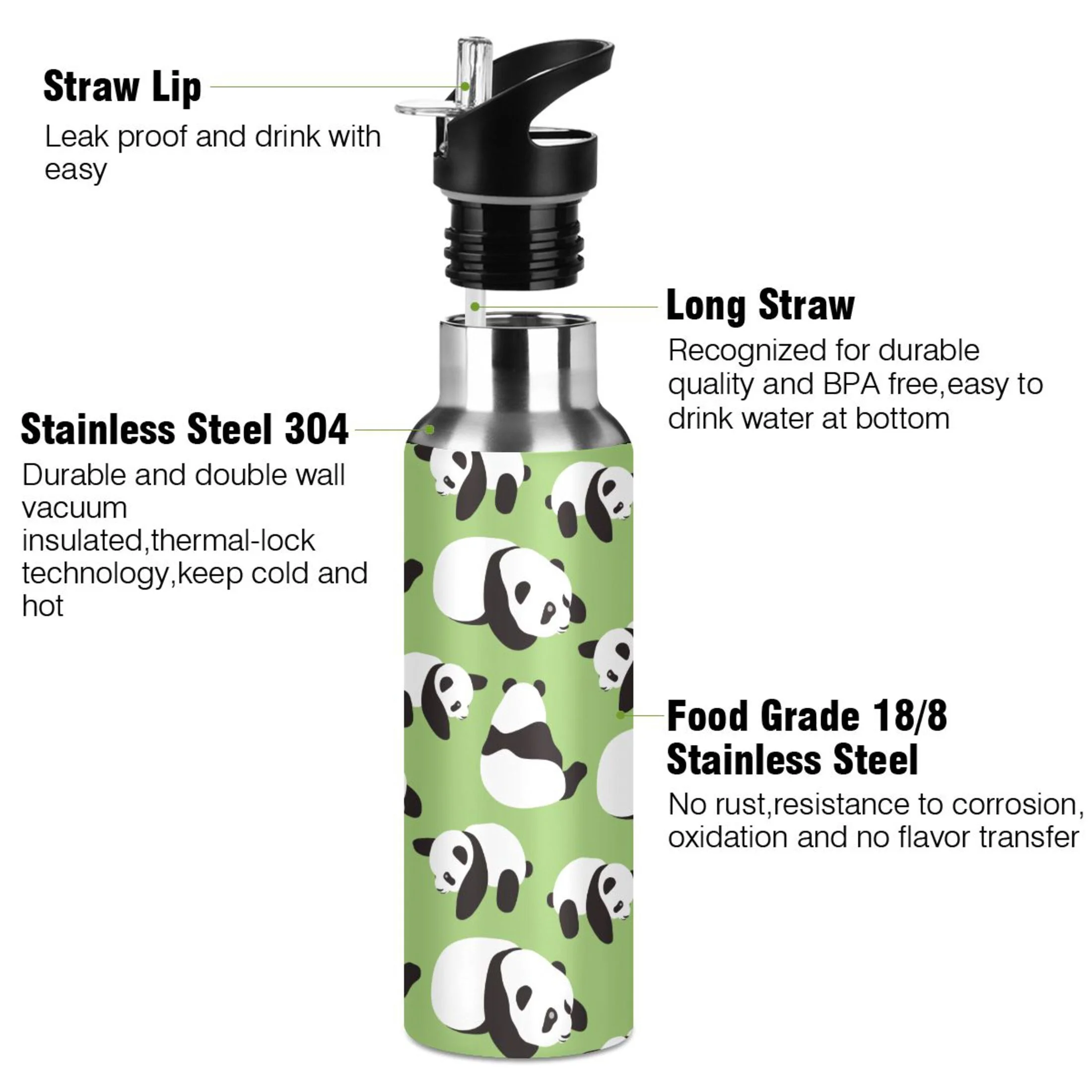 Stainless Steel Water Bottle Cute Panda Green with Straw Lid Vacuum Insulated Leak Proof Flask Jug for Gym Travel Sports Cycling Outdoor 20 OZ