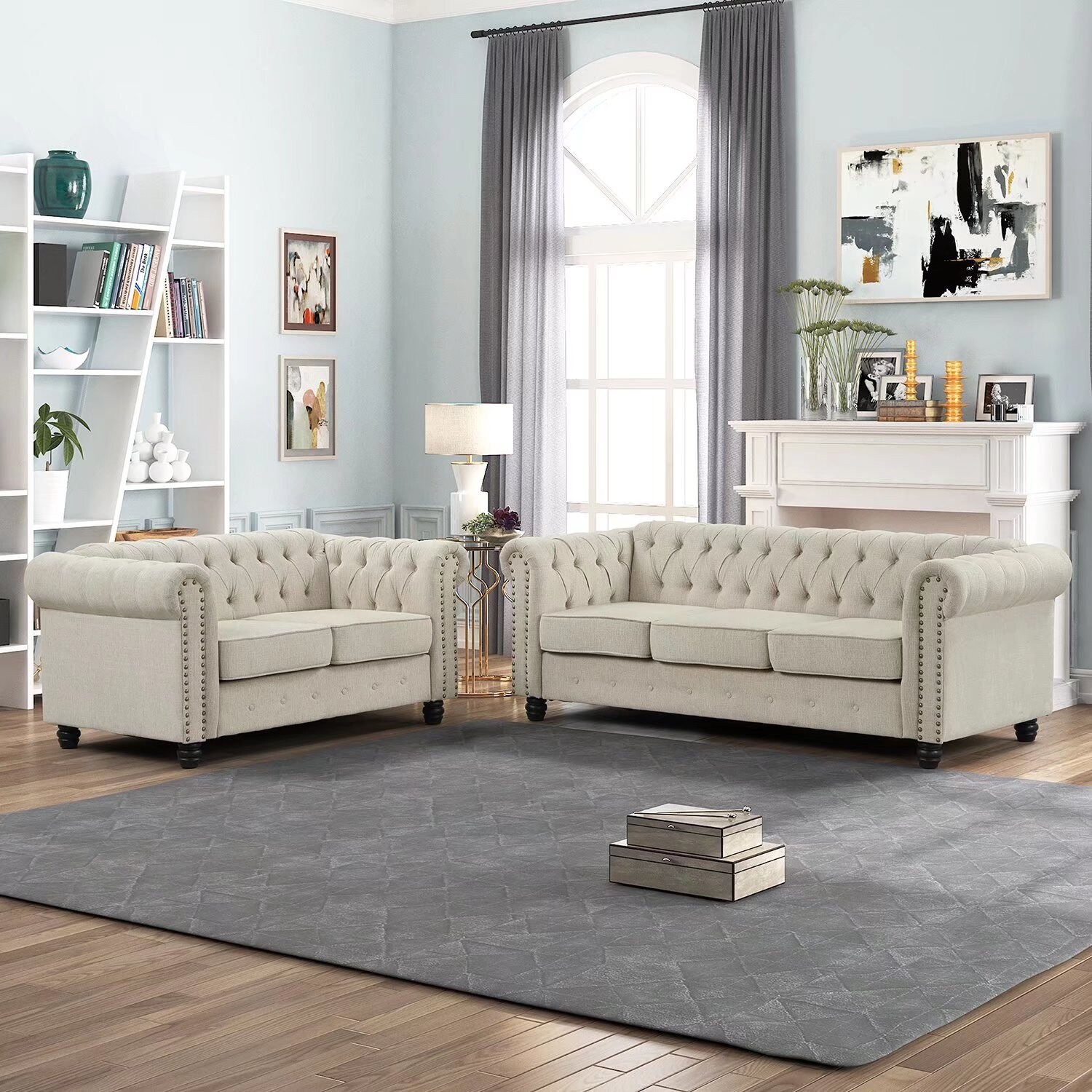 Morden Fort  Tufted Upholstered Chesterfield set Loveseat, Sofa 2 PCS for Living Room, Fabric, Linen Beige