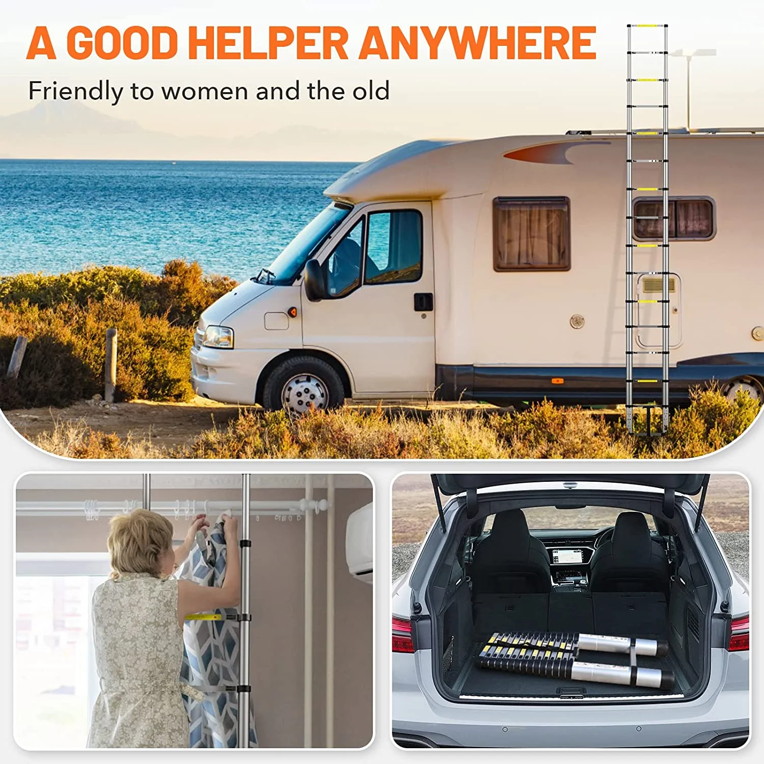 12.5FT Telescoping Ladder, Aluminum Extension Ladder w/Non-Slip Feet, Portable Retractable Ladder, Collapsible Roof Ladder, Expandable Telescopic Ladder for Home, Outdoor, 330lbs Capacity