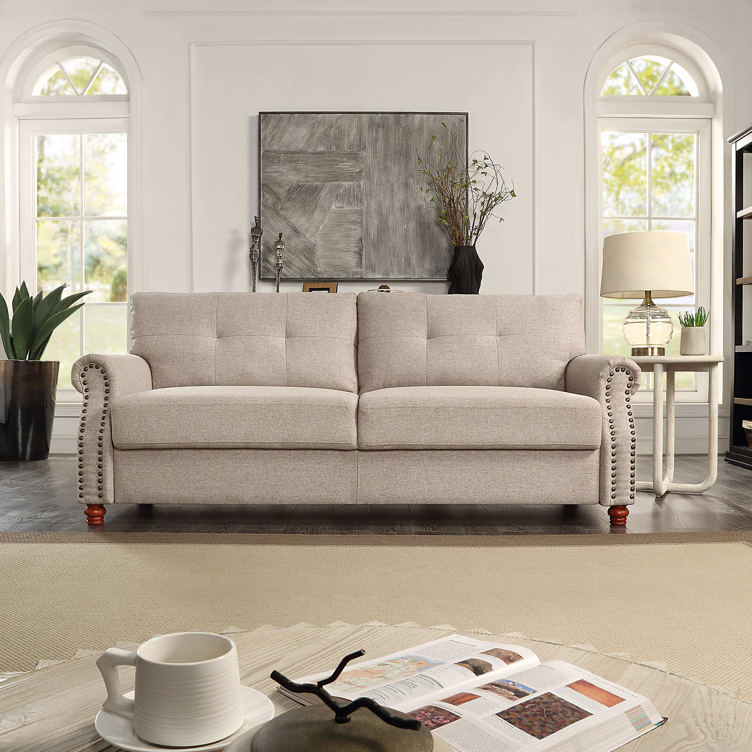 Beige Linen Fabric Upholstery Storage Sofa with Tufted Cushions - Easy, Tool-Free Assembly