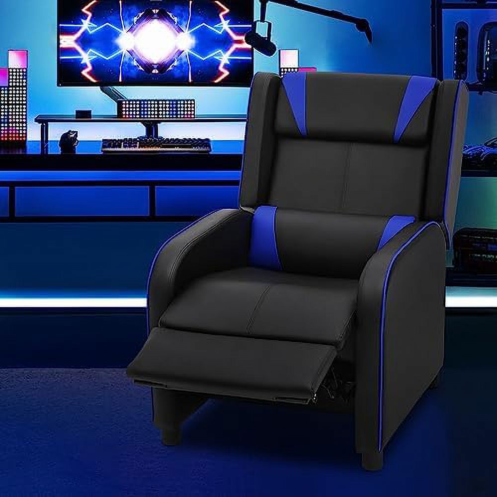 Recliner Chair With Adjustable Backrest And Footrest, Lumbar Support And Side Pocket, PU Leather Racing Reclining Single Sofa Home Theater Seat For Living Room  Room (Blue)