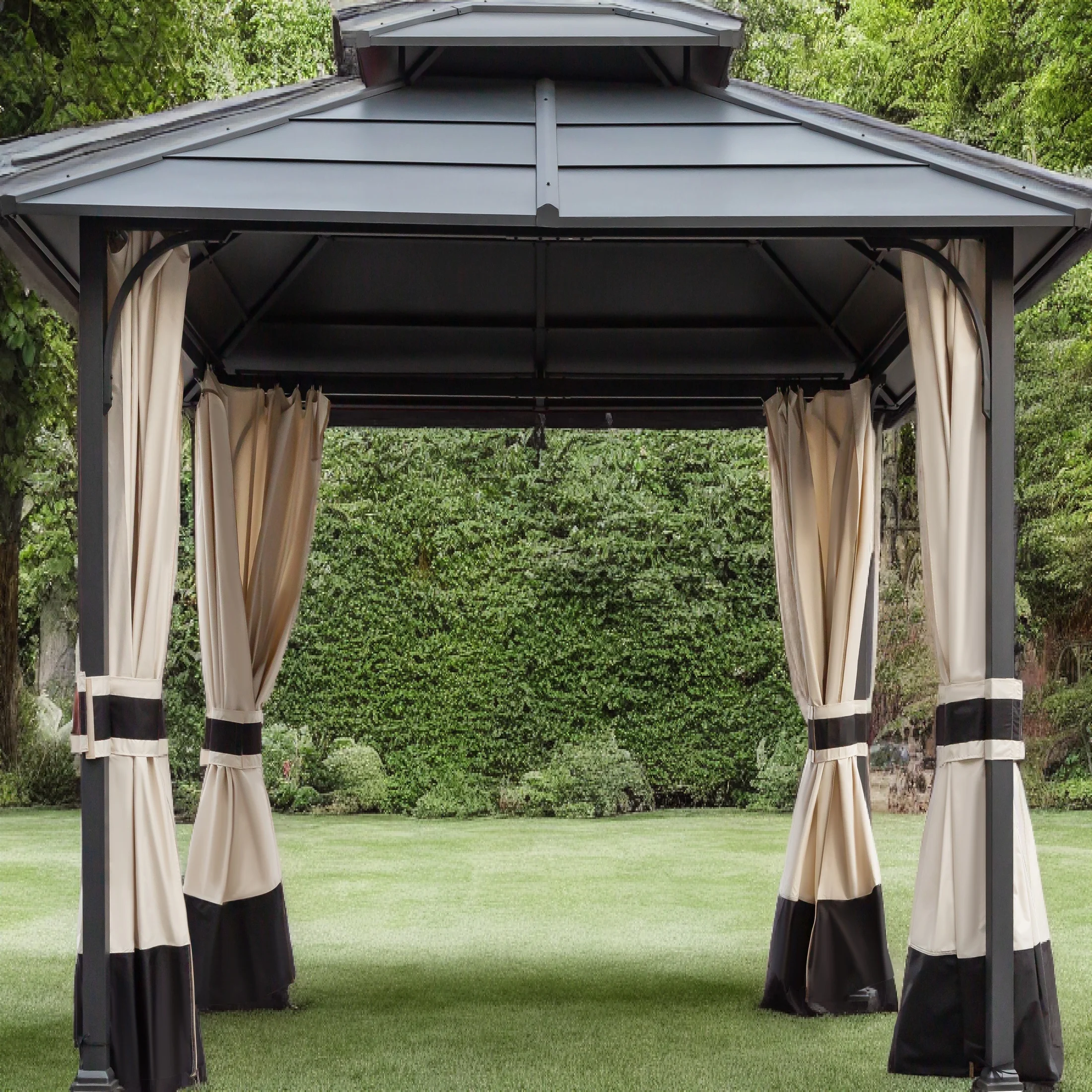 10x12ft Double Galvanized Steel Hard Top All-Weather Outdoor Gazebo with Metal Frame Features Ventilation, Netting, and Curtains - Ideal for Patios, BBQ, Hot Tub, Gardens, and Lawns