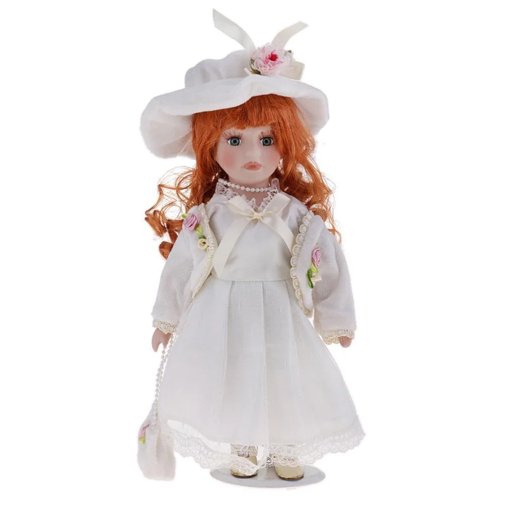Handmade 12inch Porcelain Doll with Stand, People Figures in White Clothes Hat, Children Gift, Home Display Decoration