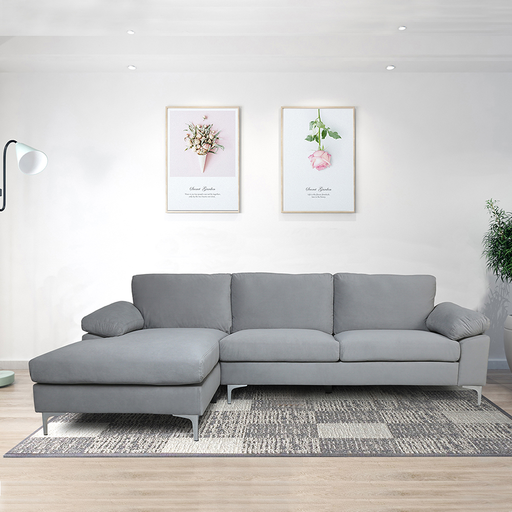 Modern Velvet Fabric Sofa Bed 3-Seat L-Shape Sectional Sofa Couch Set with Chaise Lounge - Grey