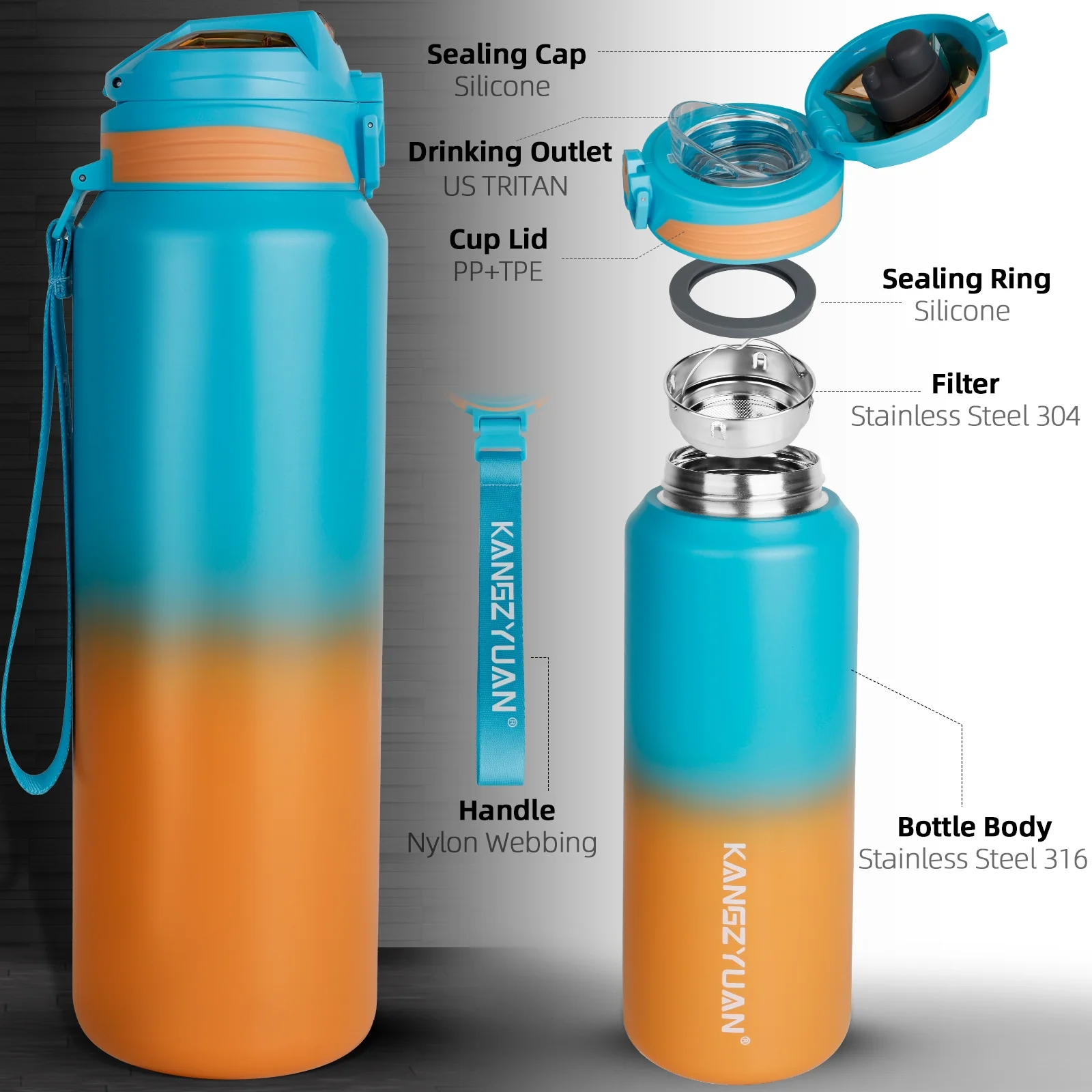 Kids Water Bottle for School, 16 oz Insulated Water Bottle Kids, Stainless Steel Water Bottles with Filter Metal Water Bottle Kids for Sport Gym Travel Thermos Flask-500ML Navy Blue/Orange Gradient
