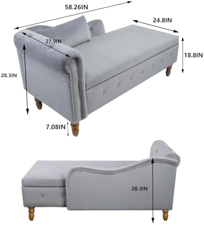 RUNFAYBIU Velvet Chaise Lounge Indoor with   Button Tufted Chaise Chair with Lumbar Pillow and Rolled Arm  Upholstered Chaise Lounge Chair for Living Room Bedroom Office  Grey
