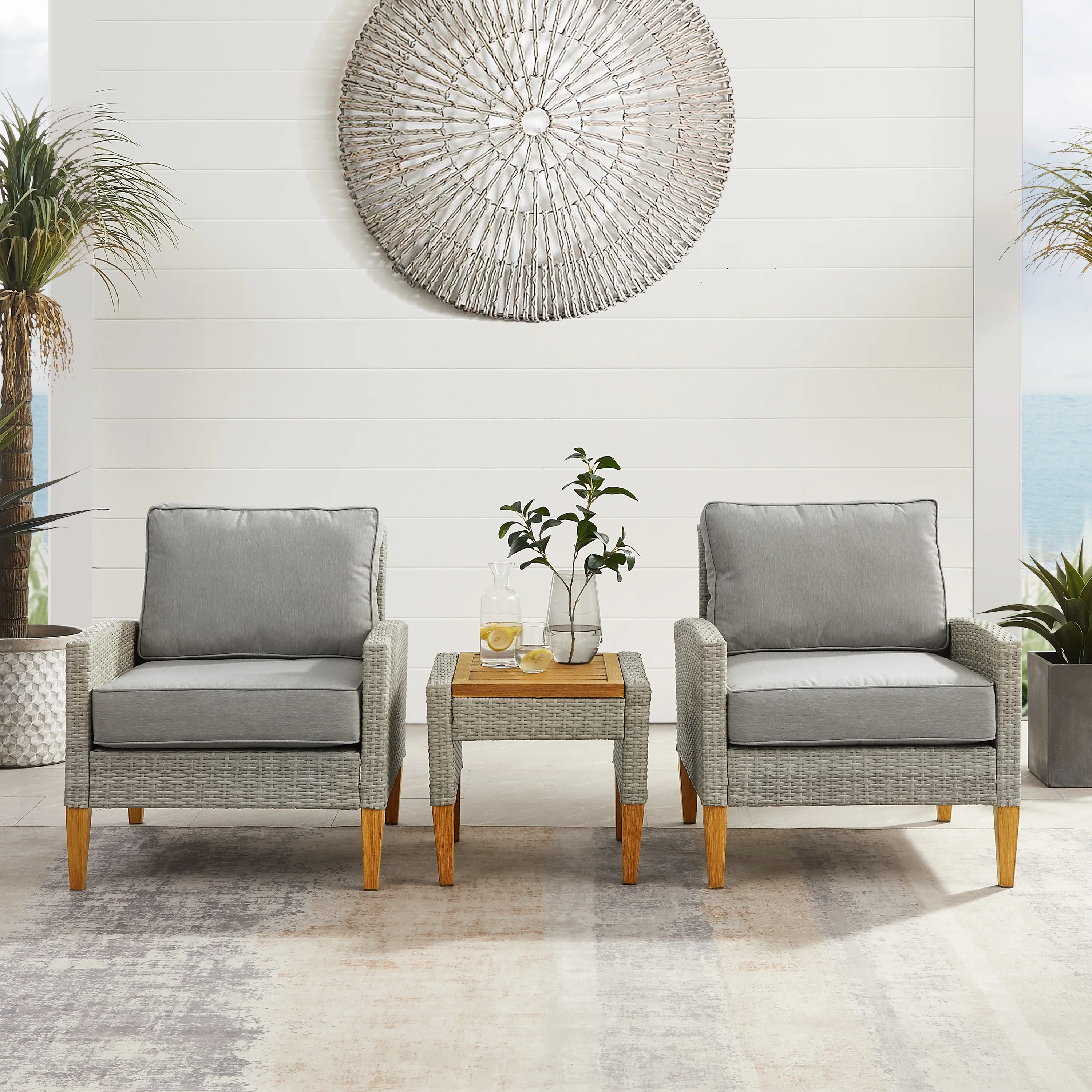 Crosley Furniture Capella 3PC Modern Wicker / Rattan Outdoor Chair Set in Gray