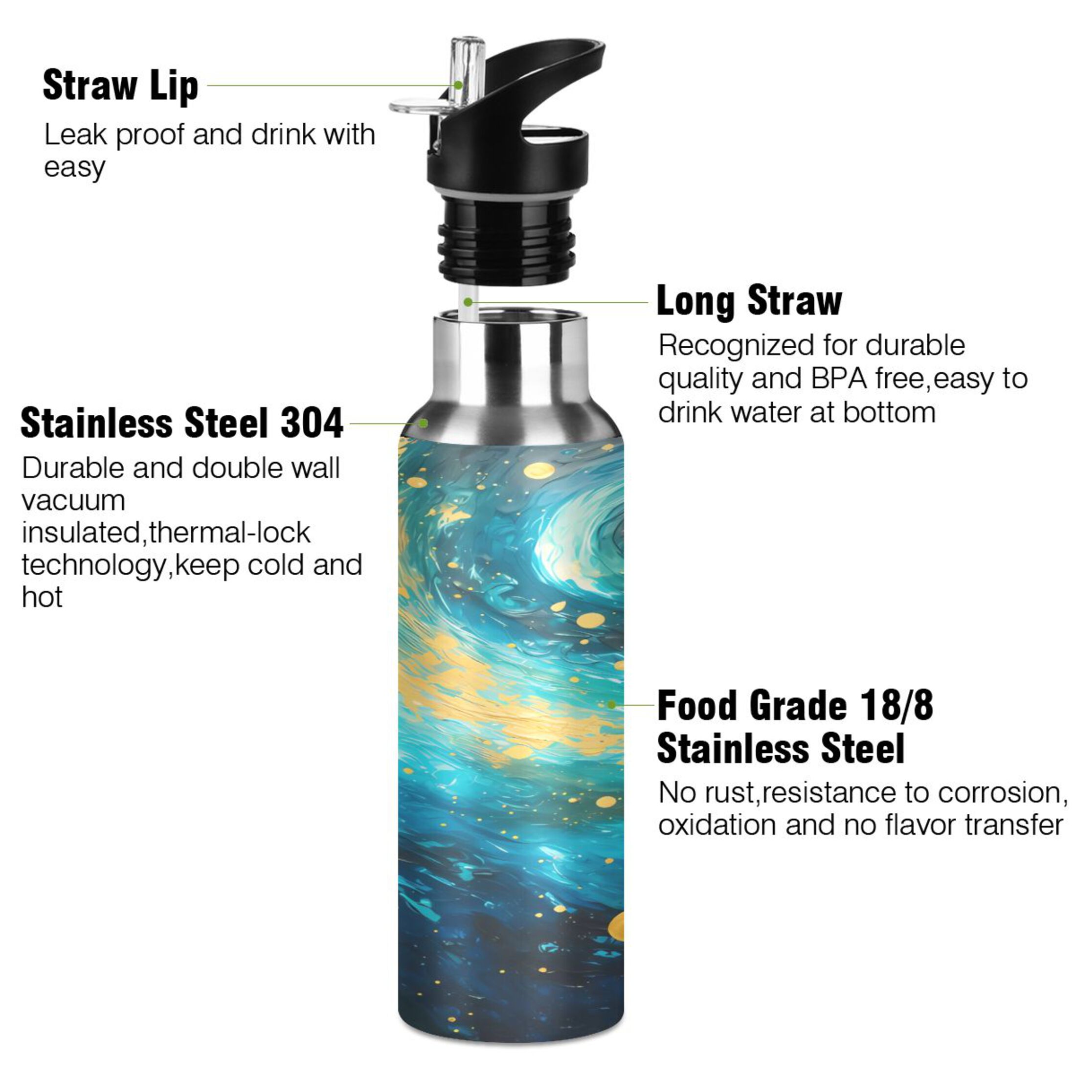 Water Bottle with Straw Lid Leak Blue and Golden Stainless Steel Insulated Thermos Vacuum Flask for Cold Hot Drinking for Sports Camping Gym Yoga