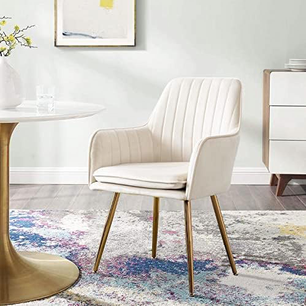 RUNFAYBIU Velvet Accent Chair  Living Room Bedroom Arm Chair  Home Office Desk Chair  Modern Dinging Chair  Girls Vanity Chair  Golden Finished  Beige