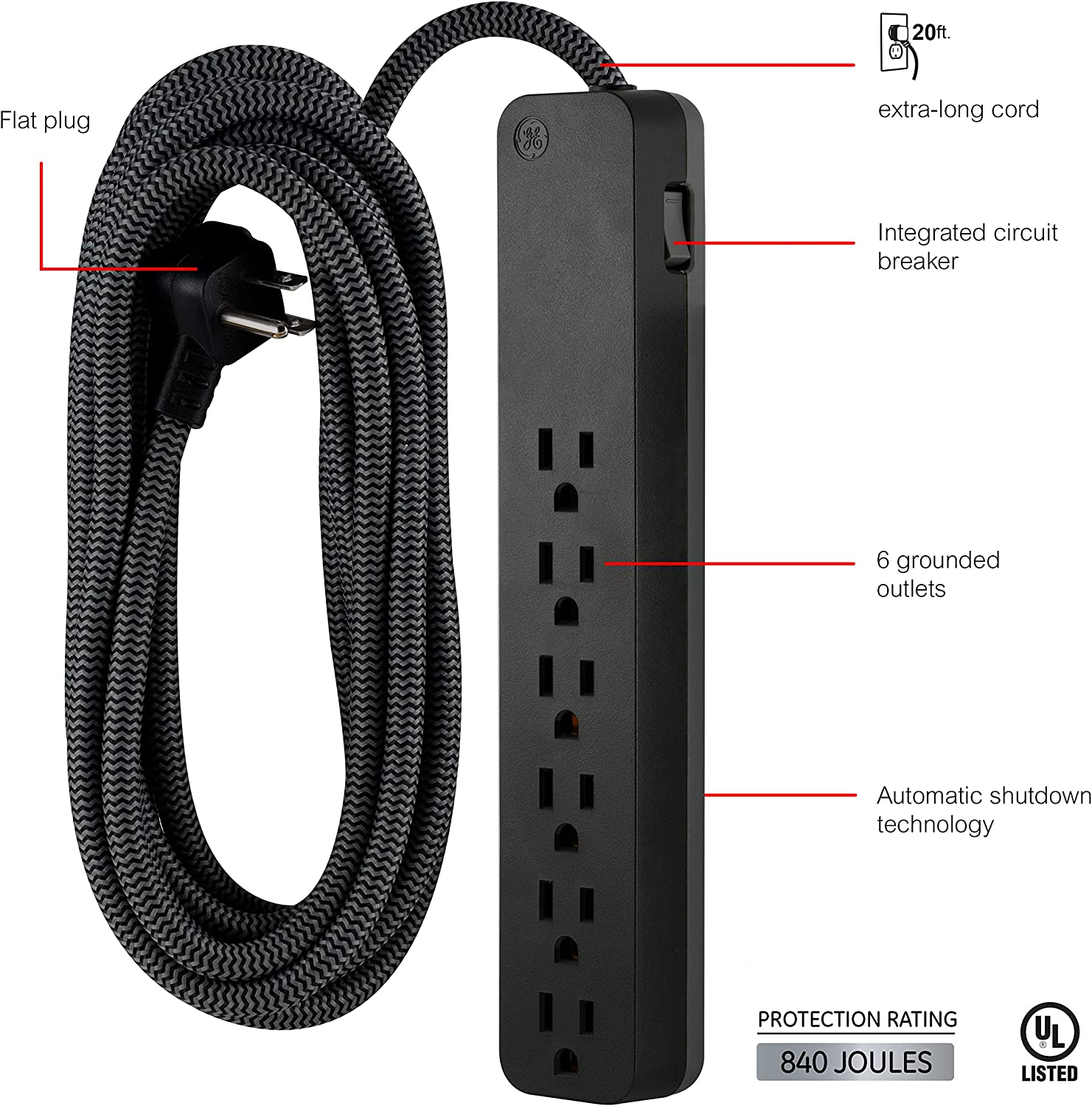GE 6-Outlet Surge Protector, 20 Ft Braided Extension Cord, Power Strip, 840 Joules, Flat Plug, UL Listed, Black, 62943