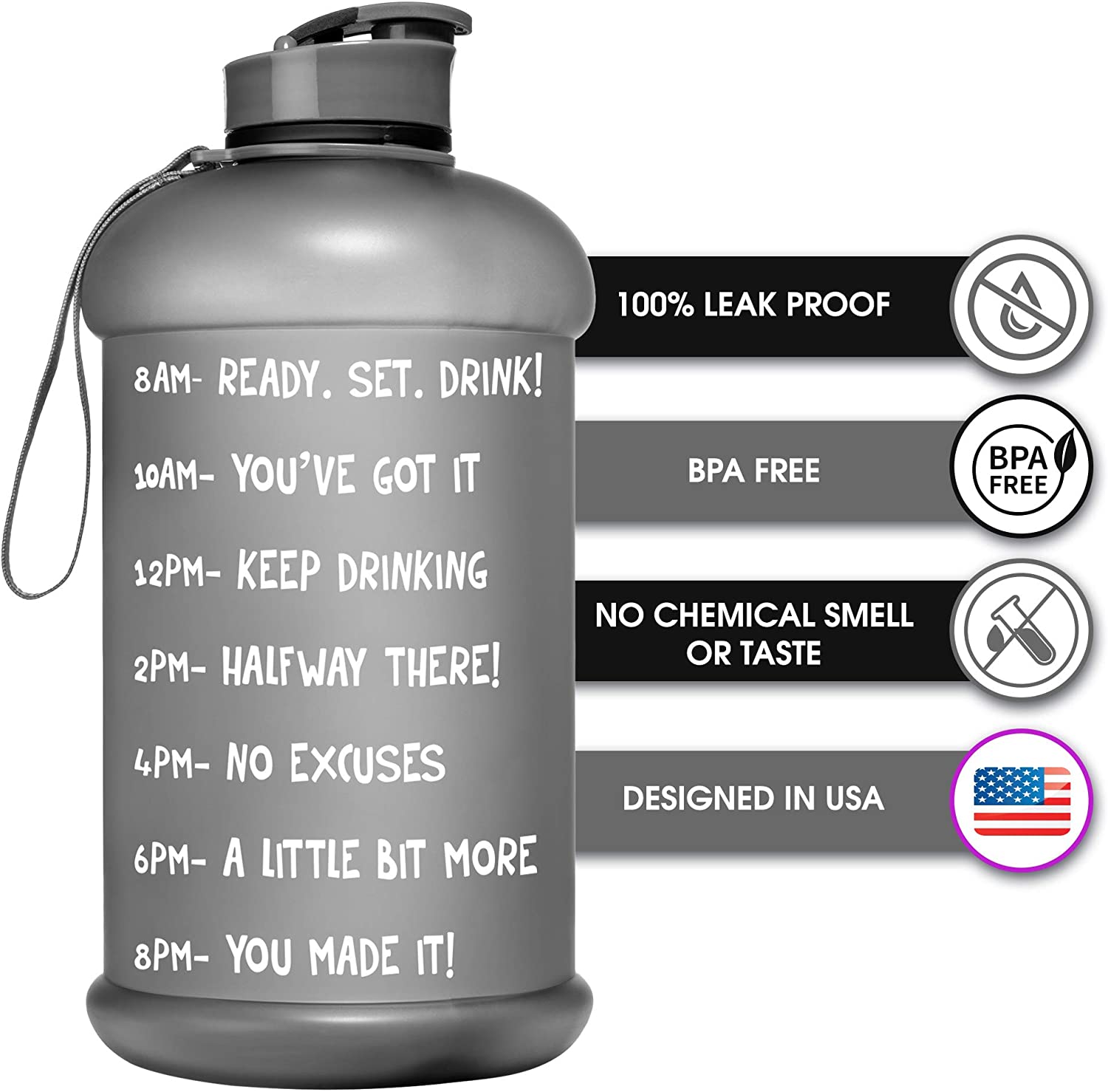 NatureWorks HydroMATE Half Gallon Water Bottle with Times to Drink BPA Free Leak Proof Reusable Jug with Handle 64 oz